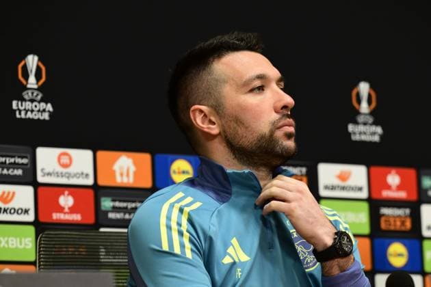 AMSTERDAM - Ajax coach Francesco Farioli during a press conference, PK, Pressekonferenz ahead of the Europa League last 16 match, against Eintracht Frankfurt. ANP OLAF CRACK xVIxANPxSportx xxANPxIVx 521623569 originalFilename: 521623569.jpg