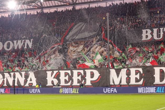 2025-03-05 Feyenoord v FC Internazionale Milano - UEFA Champions League 2024 25 Round of 16 First Leg ROTTERDAM, NETHERLANDS - MARCH 5: The flag of the Fans and Supporters of Feyenoord during the UEFA Champions League 2024 25 Round of 16 First Leg match between Feyenoord and FC Internazionale Milano at Stadion Feijenoord on March 5, 2025 in Rotterdam, Netherlands. Rotterdam Stadion Feijenoord Netherlands Content not available for redistribution in The Netherlands directly or indirectly through any third parties. Copyright: xHansxvanxderxValkx