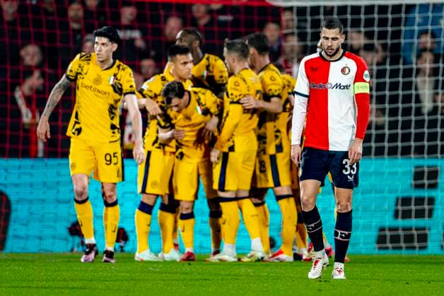 Feyenoord Rotterdam defender David Hancko dejected during the match Feyenoord Inter at the Stadium De Kuip for the UEFA Champions League Round of 16 1st leg season 2024 2025 in ROTTERDAM, Netherlands on 5 march 2025, photo by Marcel van Dorst EYE4images DeFodi Images