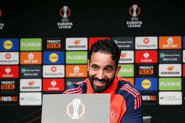 Manchester United, ManU FC press conference, PK, Pressekonferenz Manchester United Manager Ruben Amorim smiles during the Manchester United FC Press Conference ahead of the UEFA Europe League Round of 16 1st leg match v Real Sociedad at the Reale Arena, San Sebastian, Spain on 5 March 2025 Credit: Phil Duncan Every Second Media Editorial use only. All images are copyright Every Second Media Limited. No images may be reproduced without prior permission. Copyright: xIMAGO EveryxSecondxMediax ESM-1351-0001 PhilxDuncanx xEveryxSecondxMediax