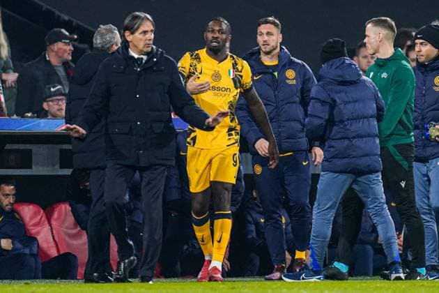 2025-03-05 Feyenoord v FC Internazionale Milano - UEFA Champions League 2024 25 Round of 16 First Leg ROTTERDAM, NETHERLANDS - MARCH 5: Marcus Thuram of FC Internazionale Milano celebrates the goal during the UEFA Champions League 2024 25 Round of 16 First Leg match between Feyenoord and FC Internazionale Milano at Stadion Feijenoord on March 5, 2025 in Rotterdam, Netherlands. Rotterdam Stadion Feijenoord Netherlands Content not available for redistribution in The Netherlands directly or indirectly through any third parties. Copyright: xJorisxVerwijstx