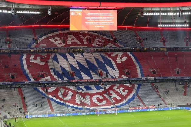 Stand in the Allianz Arena with the logo of FC Bayern Muenchen, GER, FC Bayern Muenchen vs Bayer 04 Leverkusen, Football, UEFA Champions League, Round of 16 first leg, 2024 2025 season, 05 03 2025, GER, FC Bayern Muenchen vs Bayer 04 Leverkusen, Football, UEFA Champions League, Round of 16 first leg, 2024 2025 season, 05 03 2025 Muenchen Copyright: xEibner-Pressefoto JennixMaulx EP_JML