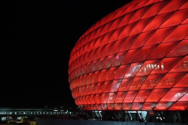 Soccer UEFA Champions League round of 16 FC Bayern Munich Bayer 04 Leverkusen on 05 03 2025 at the Allianz Arena in Munich Exterior view of the illuminated Allianz Arena in Munich xMSx