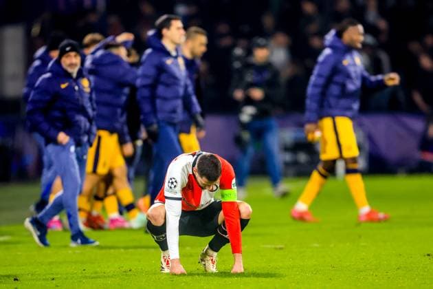 ROTTERDAM, 05-03-25, Stadium de Kuip, Champions League, 2024 2025, Feyenoord - Feyenoord Inter Milan, Feyenoord player David Hancko dejected after lose the match Feyenoord Inter Milan  x28179777x Copyright: