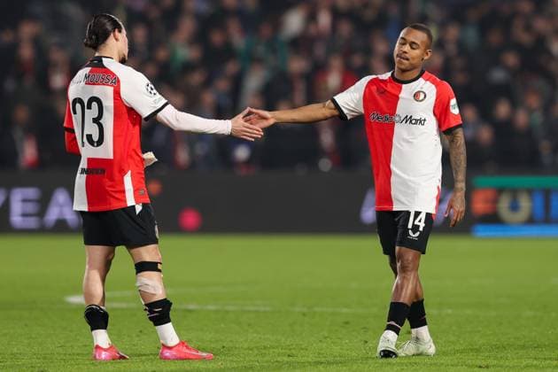 2025-03-05 Feyenoord v FC Internazionale Milano - UEFA Champions League 2024 25 Round of 16 First Leg ROTTERDAM, NETHERLANDS - MARCH 5: Anis Hadj Moussa of Feyenoord, Igor Paixao of Feyenoord are disappointed by losing the match during the UEFA Champions League 2024 25 Round of 16 First Leg match between Feyenoord and FC Internazionale Milano at Stadion Feijenoord on March 5, 2025 in Rotterdam, Netherlands. Rotterdam Stadion Feijenoord Netherlands Content not available for redistribution in The Netherlands directly or indirectly through any third parties. Copyright: xHansxvanxderxValkx