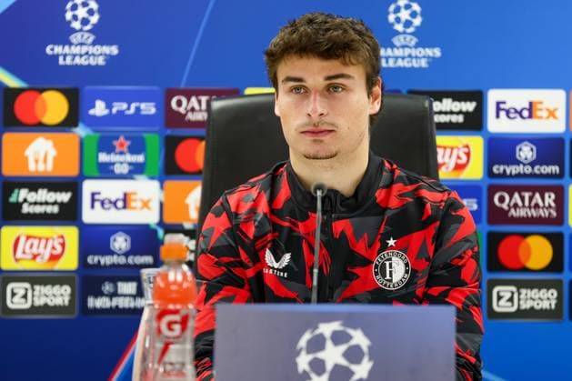 2025-03-05 Feyenoord v FC Internazionale Milano - UEFA Champions League 2024 25 Round of 16 First Leg ROTTERDAM, NETHERLANDS - MARCH 5: Hugo Bueno of Feyenoord during the press conference, PK, Pressekonferenz during the UEFA Champions League 2024 25 Round of 16 First Leg match between Feyenoord and FC Internazionale Milano at Stadion Feijenoord on March 5, 2025 in Rotterdam, Netherlands. Rotterdam Stadion Feijenoord Netherlands Content not available for redistribution in The Netherlands directly or indirectly through any third parties. Copyright: xHansxvanxderxValkx