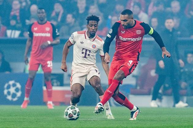 05 03 2025, FC Bayern München vs Bayer Leverkusen, UEFA Champions League, round of 16 first leg Kingsley Coman FC Bayern Muenchen, 11 Jonathan Tah Bayer 04 Leverkusen, 4 Copyright: xBahhoxKarax