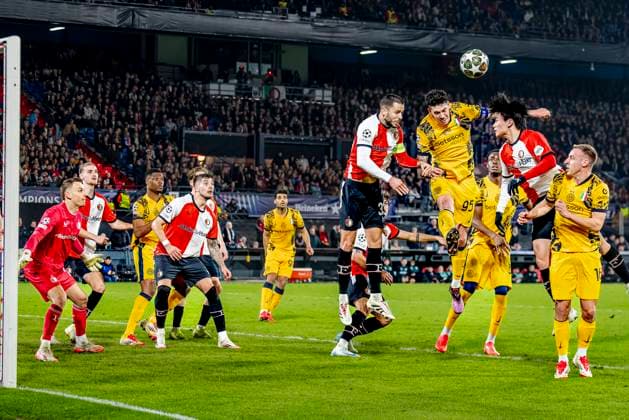 FC Internazionale Milan defender Alessandro Bastoni, Feyenoord Rotterdam forwarder Ayase Ueda, Feyenoord Rotterdam defender David Hancko during the match Feyenoord Inter at the Stadium De Kuip for the UEFA Champions League Round of 16 1st leg season 2024 2025 in ROTTERDAM, Netherlands on 5 march 2025, photo by Marcel van Dorst EYE4images DeFodi Images