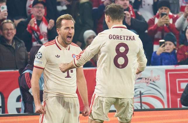 Harry Kane, FCB 9 celebrates his goal, happy, laugh, celebration, 1-0 in the round of 16 first leg match FC BAYERN MUENCHEN - BAYER 04 LEVERKUSEN of football UEFA Champions League in season 2024 2025 in Munich, Mar 5, 2025 , FCB, x.Spieltag, München