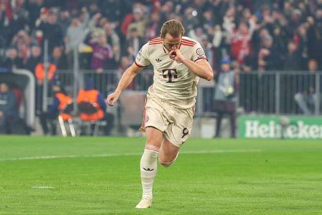 Goal celebration of Harry Kane 9 FC Bayern Muenchen to 1 0, FC Bayern Muenchen vs Bayer 04 Leverkusen, Football, Champions League, Round of 16, First leg, 05 03 2025 Muenchen Bayern Germany Copyright: xkolbert-press ChristianxKolbertx