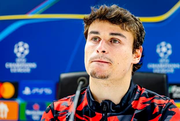 Feyenoord Rotterdam defender Hugo Bueno during te press conference after the match Feyenoord Inter at the Stadium De Kuip for the UEFA Champions League Round of 16 1st leg season 2024 2025 in ROTTERDAM, Netherlands on 5 march 2025, photo by Marcel van Dorst EYE4images DeFodi Images
