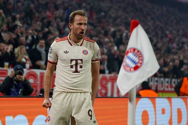Goal celebration of Harry Kane 9 FC Bayern Muenchen to 1 0, FC Bayern Muenchen vs Bayer 04 Leverkusen, Football, Champions League, Round of 16, First leg, 05 03 2025 Muenchen Bayern Germany Copyright: xkolbert-press ChristianxKolbertx