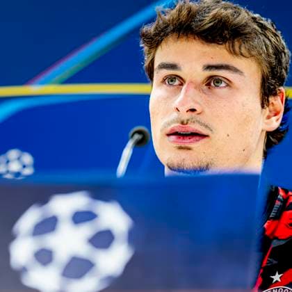 Feyenoord Rotterdam defender Hugo Bueno during te press conference after the match Feyenoord Inter at the Stadium De Kuip for the UEFA Champions League Round of 16 1st leg season 2024 2025 in ROTTERDAM, Netherlands on 5 march 2025, photo by Marcel van Dorst EYE4images DeFodi Images