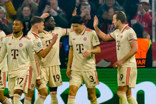 GER, UEFA CL, Round of 16 Match 1, FC Bayern Muenchen GER vs Bayer 04 Leverkusen GER 05 03 2025, Allianz Arena, Muenchen, GER, UEFA CL, Round of 16 Match 1, FC Bayern Muenchen GER vs Bayer 04 Leverkusen GER , UEFA regulations prohibit any use of photographs as image sequences and or quasi video, in the picture cheering after the goal to 1 0 by Harry Kane FCB 9 with Joshua Kimmich FCB 6 Alphonso Davies FCB 19 Min jae Kim FCB 3 nordphotoxGmbHx xStraubmeier nph00004