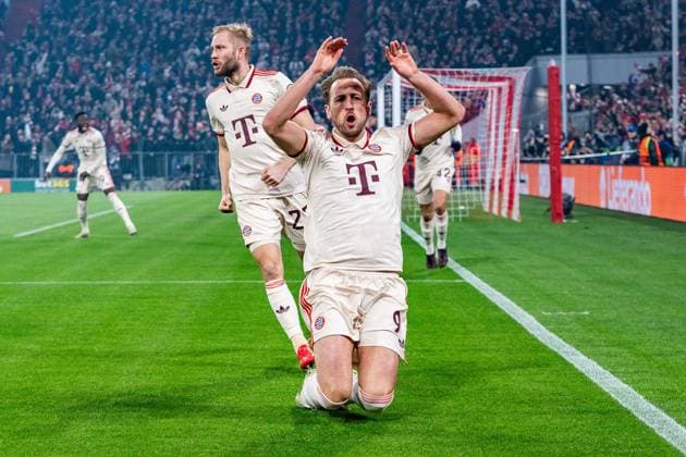 05 03 2025, FC Bayern München vs Bayer Leverkusen, UEFA Champions League, round of 16 first leg goal to 1 0 by Harry Kane FC Bayern Muenchen, 9 Copyright: xBahhoxKarax