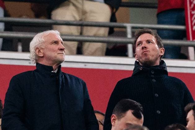UEFA Champions League, FC Bayern Munich Bayer 04 Leverkusen 05 03 2025 Rudi Völler and Julian Nagelsmann national coach Germany in the stands UEFA Champions League round of 16 first leg, FC Bayern Munich Bayer 04 Leverkusen Munich, Allianz Arena on 05 03 2025 Copyright: xBEAUTIFULxSPORTS Wunderlx