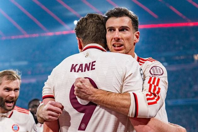 05 03 2025, FC Bayern München vs Bayer Leverkusen, UEFA Champions League, round of 16 first leg goal to 1 0 by Harry Kane FC Bayern Muenchen, 9 here Leon Goretzka FC Bayern Muenchen, 8 Konrad Laimer FC Bayern Muenchen, 27 Copyright: xBahhoxKarax