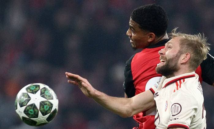 Adli - Laimer , Bayern München-Bayer Leverkusen , UEFA Champions League, Achtelfinale , Fußball , in der Allianz Arena , München , Bayern , Deutschland . März 05, 2025 . Photo by: Davide Elias Ipa Photo Pressefoto DENL Copyright: xDavidexEliasx