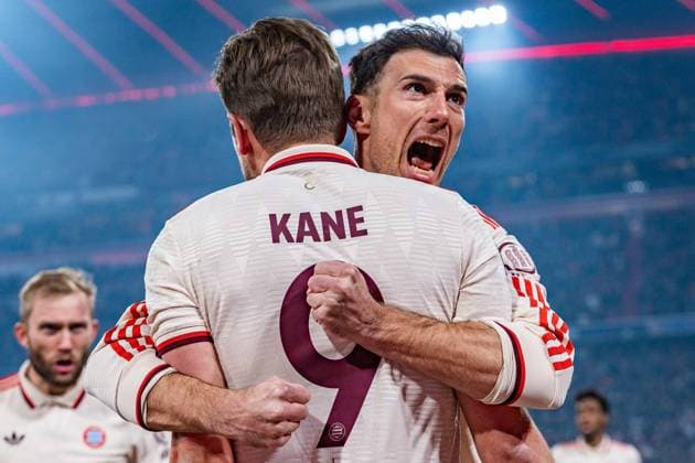 05.03.2025, FC Bayern München vs. Bayer Leverkusen, UEFA Champions League, Achtelfinale-Hinspiel Tor zum 1:0 durch Harry Kane (FC Bayern Muenchen, 9) Copyright: xBahhoxKarax