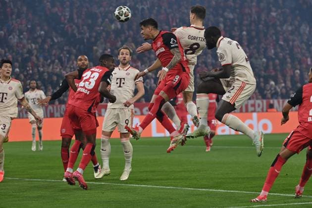 05 03 2025, xjrdrx, Football UEFA Champions League, FC Bayern Muenchen Bayer 04 Leverkusen v l Nordi Mukiele Bayer Leverkusen Piero Hincapie Bayer Leverkusen Leon Goretzka FC Bayern Muenchen Dayot Upamecano FC Bayern Muenchen Zweikampf, Aktion, action, battle for the ball DFL DFB REGULATIONS PROHIBIT ANY USE OF PHOTOGRAPHS as IMAGE SEQUENCES and or QUASI VIDEO Muenchen
