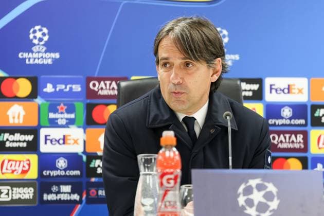 2025-03-05 Feyenoord v FC Internazionale Milano - UEFA Champions League 2024 25 Round of 16 First Leg ROTTERDAM, NETHERLANDS - MARCH 5: Headcoach Simone Inzaghi of FC Internazionale Milano during the press conference, PK, Pressekonferenz during the UEFA Champions League 2024 25 Round of 16 First Leg match between Feyenoord and FC Internazionale Milano at Stadion Feijenoord on March 5, 2025 in Rotterdam, Netherlands. Rotterdam Stadion Feijenoord Netherlands Content not available for redistribution in The Netherlands directly or indirectly through any third parties. Copyright: xHansxvanxderxValkx