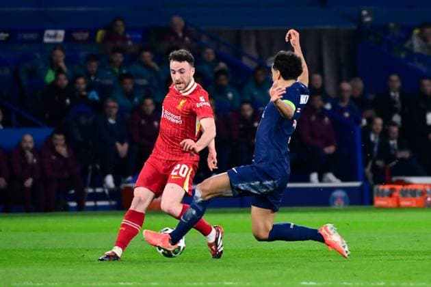 FOOTBALL : PSG vs Liverpool - Ligue des Champions - 05 03 2025 Diogo Jota ( 20 - Liverpool ) and Marquinhos ( 5 - PSG ) during the UEFA Champions League match between Paris Saint Germain and Liverpool FC at Parc Des Princes on March 05 , 2025 in Paris, France. ( Photo by Dante Badano PsnewZ ) - ParisFrance  Copyright: xDantexBadanox