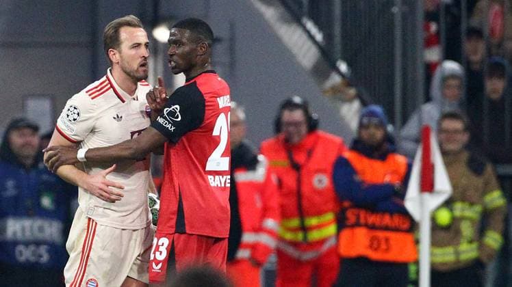 Kane - Mukiele , Bayern München-Bayer Leverkusen , UEFA Champions League, Achtelfinale , Fußball , in der Allianz Arena , München , Bayern , Deutschland . März 05, 2025 . Photo by: Davide Elias Ipa Photo Pressefoto DENL Copyright: xDavidexEliasx