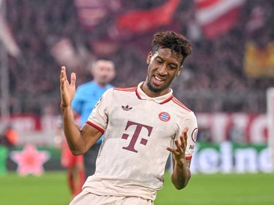 Kingsley Coman FC Bayern Muenchen gestures during the UEFA Champions League 2024 25 Round of 16 First Leg match between FC Bayern München and Bayer 04 Leverkusen at Allianz Arena on March 5, 2025 in Munich, Germany Photo by Harry Langer DeFodi Images
