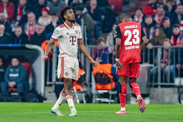 05 03 2025, FC Bayern München vs Bayer Leverkusen, UEFA Champions League, round of 16 first leg Kingsley Coman FC Bayern Muenchen, 11 Nordi Mukiele Bayer 04 Leverkusen, 23 Copyright: xBahhoxKarax
