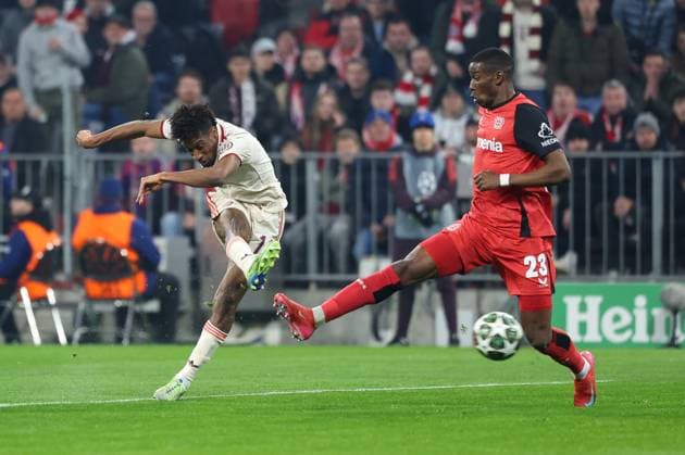 in duel, action, with Kingsley Coman 11 FC Bayern Muenchen , Nordi Mukiele 23 Bayer 04 Leverkusen , FC Bayern Muenchen vs Bayer 04 Leverkusen, football, Champions League, round of 16, first leg, 05 03 2025 Muenchen Bayern Germany Copyright: xkolbert-press ChristianxKolbertx