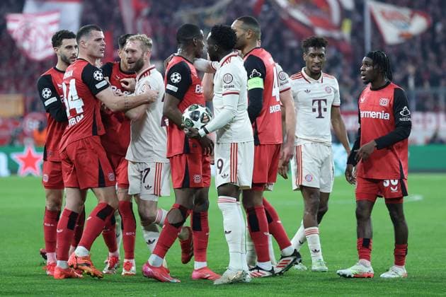 Soccer UEFA Champions League round of 16 FC Bayern Munich Bayer 04 Leverkusen on 05 03 2025 at the Allianz Arena in Munich Scuffle between the two teams xMSx