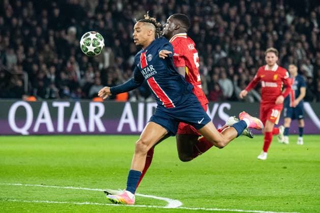 FOOTBALL : Paris SG vs FC Liverpool - Ligue des Champions - 8e de Finale aller - 05 03 2025 Bradley Barcola (Paris SG) Ibrahima KonatÃ (FC Liverpool) ParisFrance  Copyright: xBaptistexAutissierx