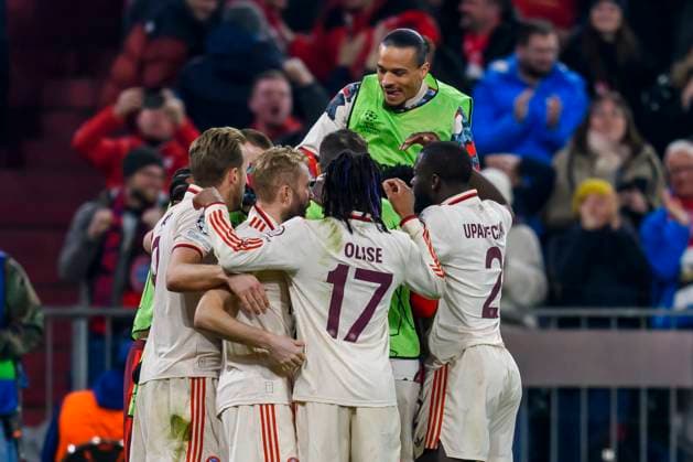 GER, UEFA CL, Round of 16 match 1, FC Bayern Muenchen GER vs Bayer 04 Leverkusen GER 05 03 2025, Allianz Arena, Muenchen, GER, UEFA CL, Round of 16 match 1, FC Bayern Muenchen GER vs Bayer 04 Leverkusen GER , UEFA regulations prohibit any use of photographs as image sequences and or quasi video, in the picture jubilation after the goal to 2 0 by Jamal Musiala FCB 42 with Alphonso Davies FCB 19 Leroy SanŽ Sane FCB 10 Michael Olise FCB 17 Dayot Upamecano FCB 2 Harry Kane FCB 9 nordphotoxGmbHx xStraubmeier nph00004