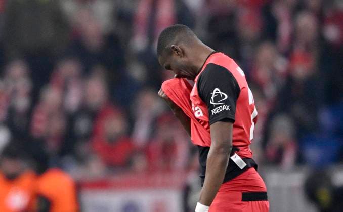 Nordi Mukiele Bayer 04 Leverkusen 23 sent off with yellow and red card after foul on Kingsley Coman FC Bayern Muenchen FCB 11 FC Bayern Muenchen FCB vs Bayer 04 Leverkusen B04 Round of 16 first leg 05 03 2025 DFL REGULATIONS PROHIBIT ANY USE OF PHOTOGRAPHS AS IMAGE SEQUENCES AND OR QUASI VIDEO FC Bayern Muenchen FCB vs Bayer 04 Leverkusen B04
