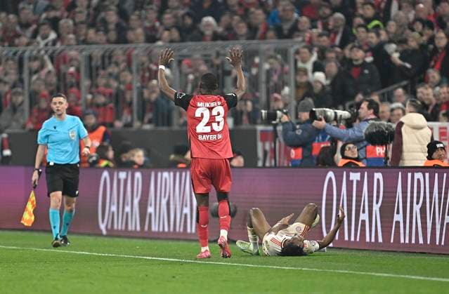 05 03 2025, Football UEFA Champions League 2024 2025 Round of 16, FC Bayern Munich Bayer 04 Leverkusen, at Allianz Arena Munich L R Nordi Mukiele Bayer Leverkusen after the foul on Kingsley Coman Bayern Munich DFL and DFB regulations prohibit any use of photographs as image sequences and or quasi video