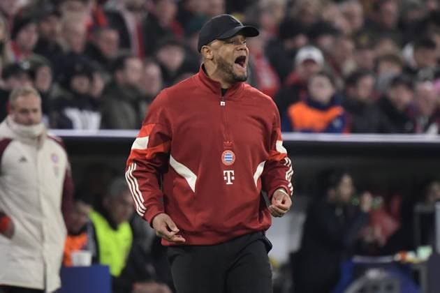 05 03 2025, xemx, Football UEFA Champions League, FC Bayern Muenchen Bayer 04 Leverkusen v l Trainer head coach Vincent Kompany FC Bayern Muenchen DFL DFB REGULATIONS PROHIBIT ANY USE OF PHOTOGRAPHS as IMAGE SEQUENCES and or QUASI VIDEO Muenchen
