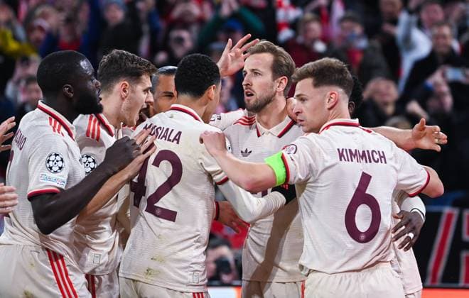 goal celebration of FC Bayern Muenchen after the second goal by Harry Kane FC Bayern Muenchen during the UEFA Champions League 2024 25 Round of 16 First Leg match between FC Bayern München and Bayer 04 Leverkusen at Allianz Arena on March 5, 2025 in Munich, Germany Photo by Silas Schueller DeFodi Images