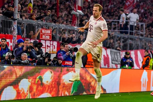 GER, UEFA CL, Round of 16 Match 1, FC Bayern Muenchen GER vs Bayer 04 Leverkusen GER 05 03 2025, Allianz Arena, Muenchen, GER, UEFA CL, Round of 16 Match 1, FC Bayern Muenchen GER vs Bayer 04 Leverkusen GER , UEFA regulations prohibit any use of photographs as image sequences and or quasi video, in the picture cheering after the goal to 3 0 by Harry Kane FCB 9 with Joshua Kimmich FCB 6 nordphotoxGmbHx xStraubmeier nph00004
