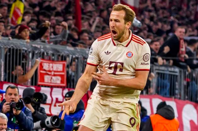 GER, UEFA CL, Round of 16 Match 1, FC Bayern Muenchen GER vs Bayer 04 Leverkusen GER 05 03 2025, Allianz Arena, Muenchen, GER, UEFA CL, Round of 16 Match 1, FC Bayern Muenchen GER vs Bayer 04 Leverkusen GER , UEFA regulations prohibit any use of photographs as image sequences and or quasi video, in the picture cheering after the goal to 3 0 by Harry Kane FCB 9 nordphotoxGmbHx xStraubmeier nph00004