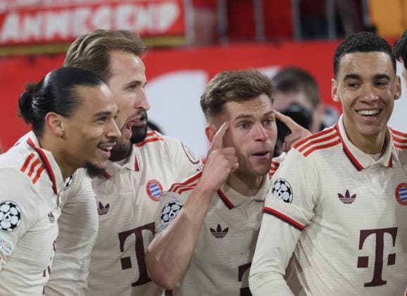 Bayerns 10 Leroy SANE, Bayerns 9 Harry KANE, Bayerns 6 Joshua KIMMICH and Bayerns 42 Jamal MUSIALA after scoring to make it 3 0 Football Bayern Leverkusen Football Champions League, FC Bayern München Bayer 04 Leverkusen, round of 16, 2024 2025 season, on 5 03 2025 in Munich, A L L I A N Z A R E N A, Germany Source Copyright Credit Oryk HAIST xFUSSBALL-BAYERN-LEVERKUSENx