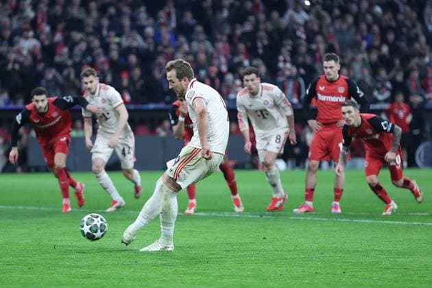 Soccer UEFA Champions League round of 16 FC Bayern Munich Bayer 04 Leverkusen on 05 03 2025 at the Allianz Arena in Munich Harry Kane Munich scores a penalty to make it 3 0 xMSx