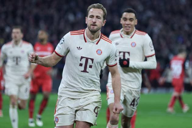 Soccer UEFA Champions League round of 16 FC Bayern Munich Bayer 04 Leverkusen on 05 03 2025 at the Allianz Arena in Munich Goal celebration to 3 0 by Harry Kane Munich xMSx