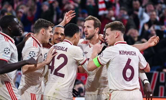 Harry Kane FC Bayern Muenchen , Joshua Kimmich FC Bayern Muenchen , Jamal Musiala FC Bayern Muenchen , Josip Stanisic FC Bayern Muenchen , Dayot Upamecano FC Bayern Muenchen and Leroy Sane FC Bayern Muenchen celebrate their team s third goal during the UEFA Champions League 2024 25 Round of 16 First Leg match between FC Bayern München and Bayer 04 Leverkusen at Allianz Arena on March 5, 2025 in Munich, Germany Photo by Silas Schueller DeFodi Images