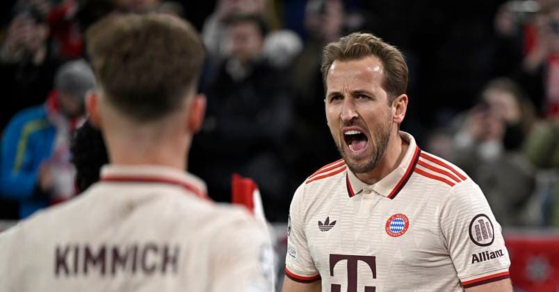 05 03 2025, Football UEFA Champions League 2024 2025 Round of 16, FC Bayern Munich Bayer 04 Leverkusen, in the Allianz Arena Munich FC Bayern Munich celebrating the goal to 3 0 by foul penalty, scorer Harry Kane re , Bayern Munich DFL and DFB regulations prohibit any use of photographs as image sequences and or quasi video
