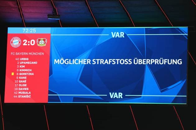 Soccer UEFA Champions League Round of 16 FC Bayern Munich Bayer 04 Leverkusen on 05 03 2025 at the Allianz Arena in Munich The scoreboard at the Allianz Arena displays VAR Video Assist Video evidence xMSx