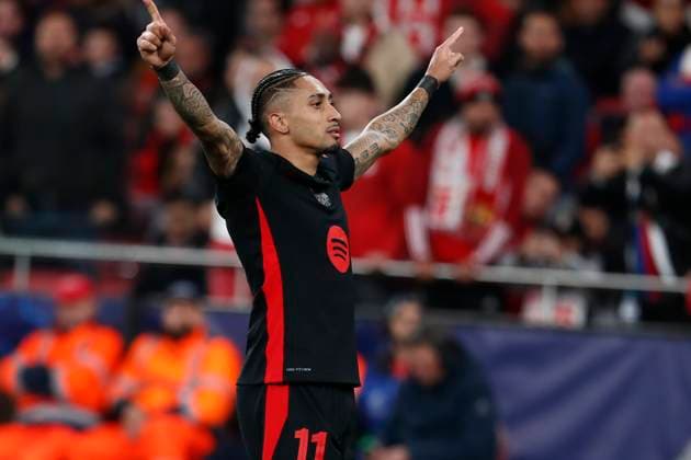 March 5, 2025, Valdebebas, Madrid, SPAIN: Raphinha Dias Belloli of FC Barcelona, Barca celebrates a goal during the UEFA Champions League 2024 25 UEFA Champions League 2024 25 Round of 16 first Lleg match between SL Benfica and FC Barcelona at Estadio do Lisboa e Benfica on March 05, 2025 in Lisbon, Portugal. Valdebebas SPAIN - ZUMAa181 20250305_zaa_a181_041 Copyright: xIrinaxR.xHx
