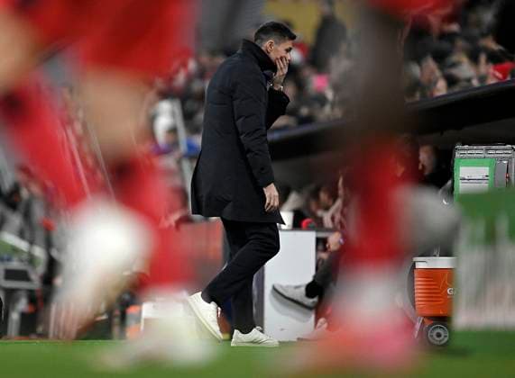 05 03 2025, Football UEFA Champions League 2024 2025 Round of 16, FC Bayern Munich Bayer 04 Leverkusen, at Allianz Arena Munich Coach Xabi Alonso Bayer Leverkusen disappointed DFL and DFB regulations prohibit any use of photographs as image sequences and or quasi video