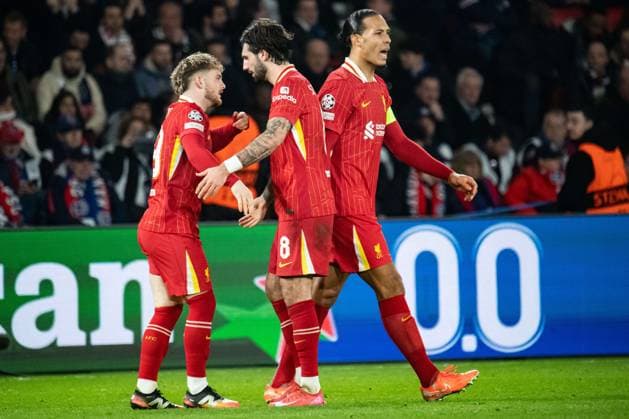 FOOTBALL : Paris SG vs FC Liverpool - Ligue des Champions - 8e de Finale aller - 05 03 2025 Joie des joueurs du FC Liverpool aprÃ s le but de Harvey Elliott (FC Liverpool) ParisFrance  Copyright: xBaptistexAutissierx