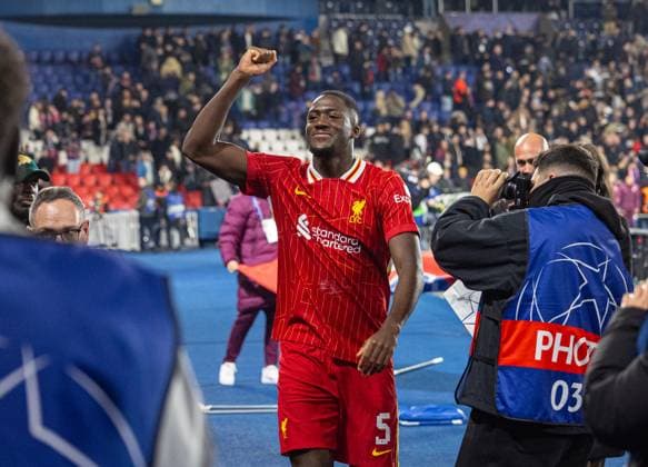 Football - UEFA Champions League - Round of 16 1st Leg - Paris Saint-Germain v Liverpool FC PARIS, FRANCE - Wednesday, March 5, 2025: Liverpool s Ibrahima KonatÃ celebrates after the UEFA Champions League Round of 16 1st Leg game between Paris Saint-Germain and Liverpool FC at the Parc des Princes. (Photo by David Rawcliffe Propaganda) PARIS Parc des Princes ÃŽLE-DE-FRANCE FRANCE  Copyright: xDavidxRawcliffex P2025-03-05-PSG_Liverpool-79