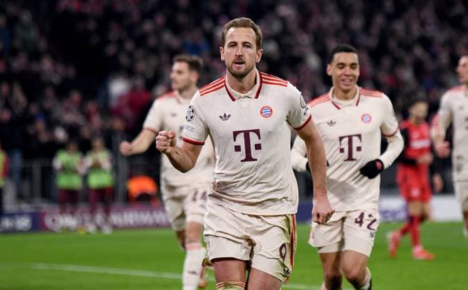 FOOTBALL CHAMPIONS LEAGUE SEASON 2024 2025 Round of 16 first leg FC Bayern Muenchen Bayer 04 Leverkusen 05 03 2025 FC Bayern Muenchen celebrating after scorer Harry Kanes 3-0 goal